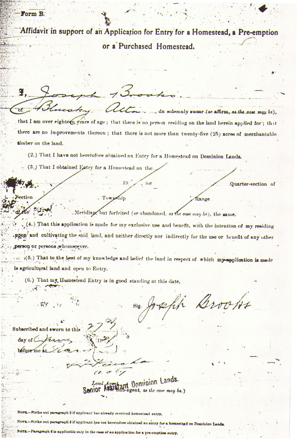 Provincial Archives of Alberta File 3168678 - Joseph Brooks -Form B
